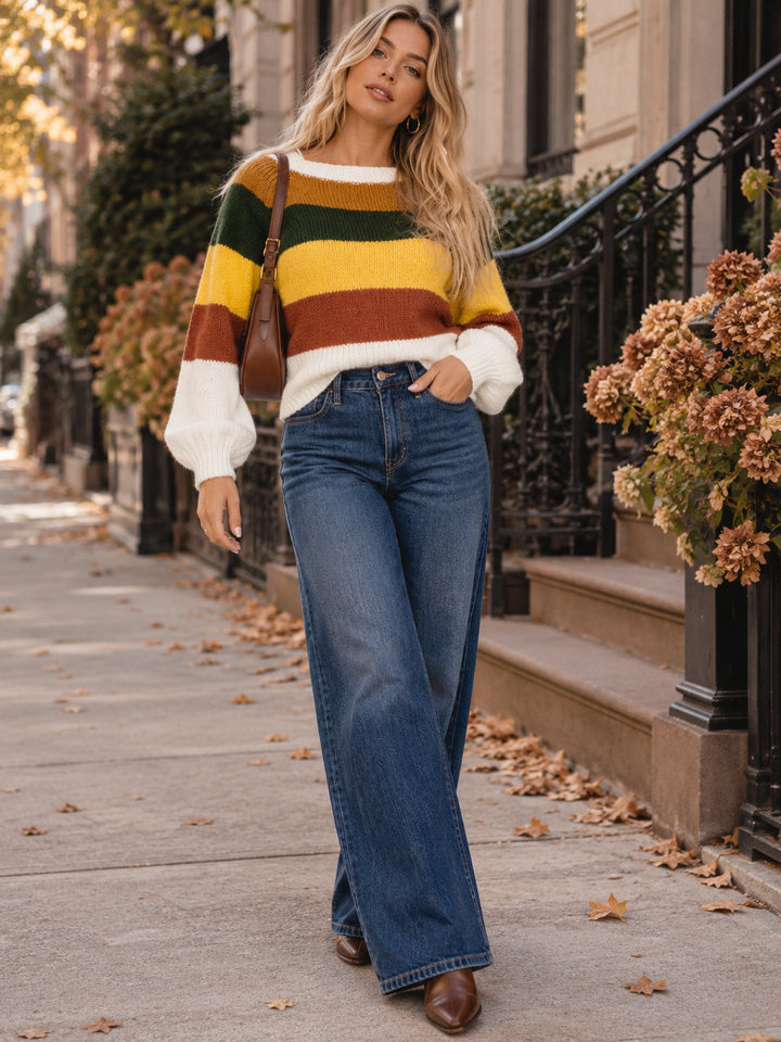 WOMEN'S LONG SLEEVES PULLOVER COLORBLOCK STRIPES KNIT SWEATER