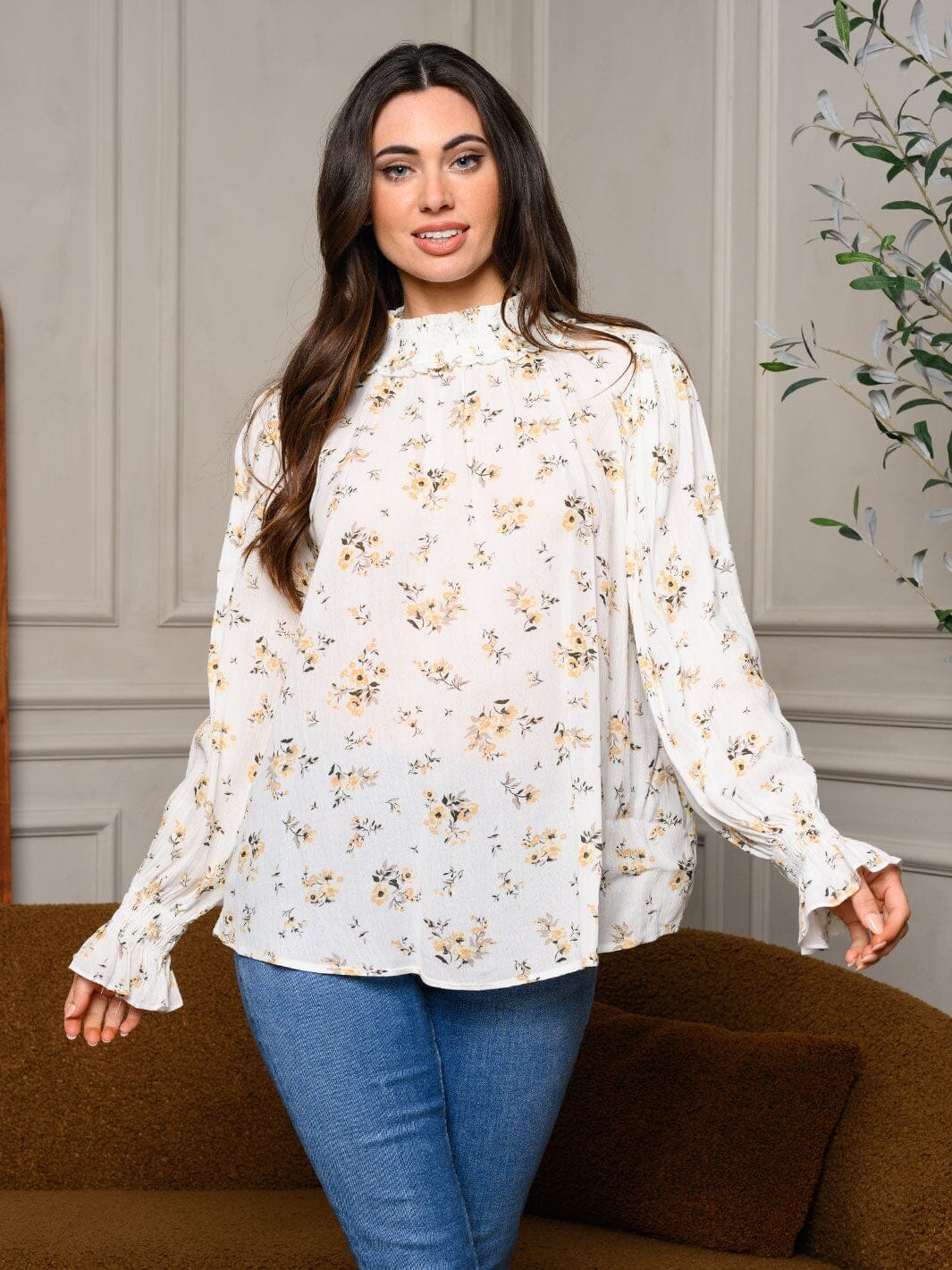 WOMEN'S LONG SLEEVE MOCK NECK FLORAL TOP