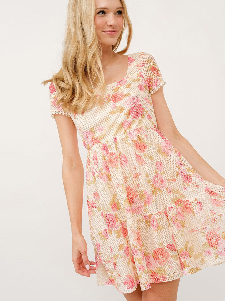 WOMEN'S SHORT SLEEVE SQUARE NECK FLORAL CROCHET MINI DRESS