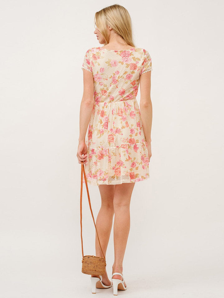 WOMEN'S SHORT SLEEVE SQUARE NECK FLORAL CROCHET MINI DRESS