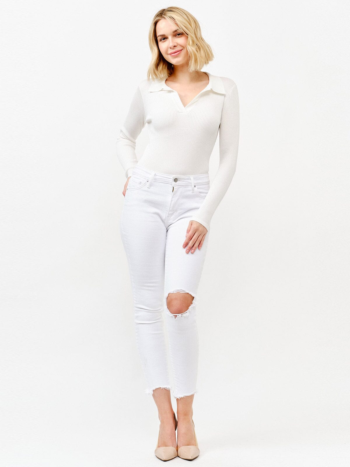 WOMEN'S LONG SLEEVE V-NECK RIBBED BODYSUIT