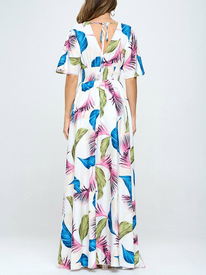 WOMEN'S SHORT SLEEVE SURPLICE SMOCK WAIST PRINTED MAXI DRESS