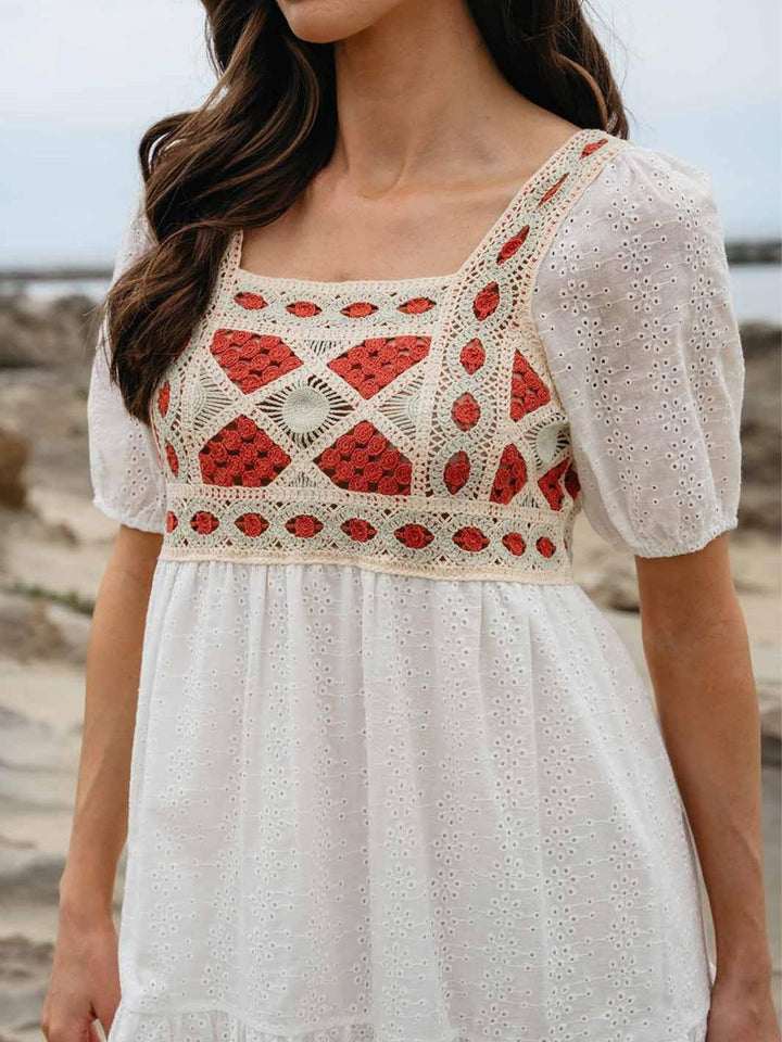 WOMEN'S SHORT SLEEVE KNITTED EYELET MIDI DRESS