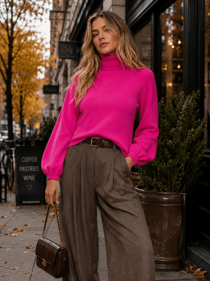 WOMEN'S LONG BALLOON SLEEVES TURTLE NECK SWEATER
