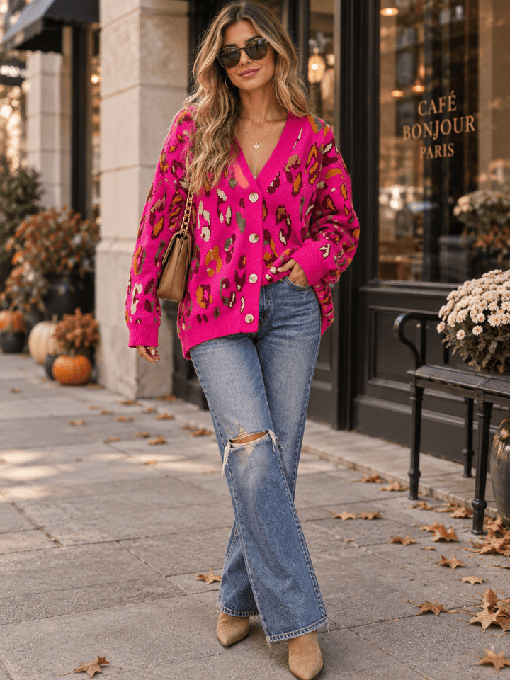 WOMEN'S LONG SLEEVE BUTTON CLOSURE ANIMAL PRINT CARDIGAN