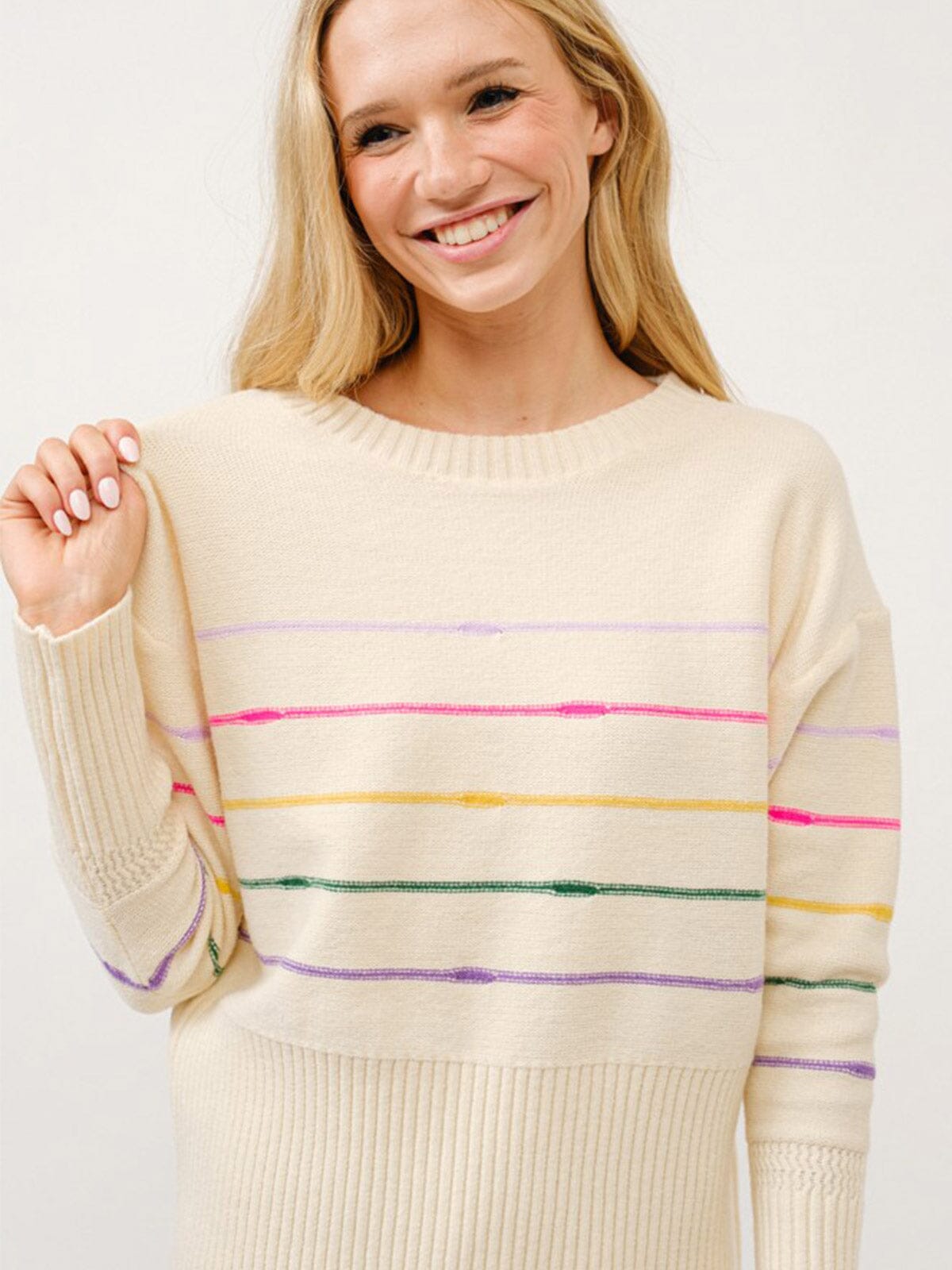WOMEN'S LONG SLEEVE MULTI STRIPES PULLOVER SWEATER