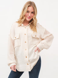 WOMEN'S LONG EYELET SLEEVE BUTTON UP FRONT POCKETS SHIRT