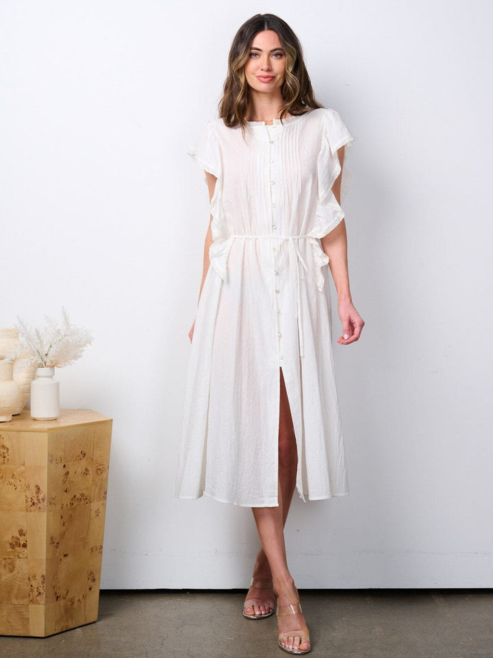 WOMEN'S SLEEVELESS RUFFLE BUTTON UP MIDI DRESS