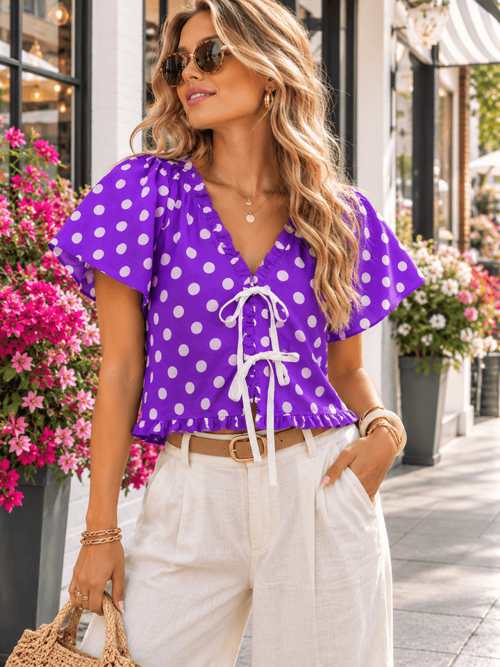 WOMEN'S SHORT PUFF SLEEVE V-NECK FRONT TIE POLKA DOTS BLOUSE