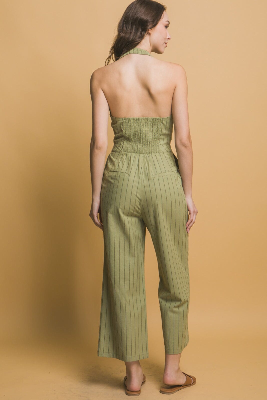 WOMEN'S SLEEVELESS HALTER NECK POCKETS SMOCK WIDE LEG JUMPSUIT