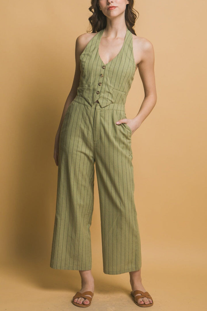 WOMEN'S SLEEVELESS HALTER NECK POCKETS SMOCK WIDE LEG JUMPSUIT