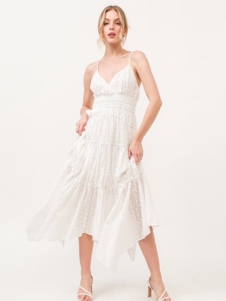 WOMEN'S SLEEVELESS V-NECK EYELET FLORAL TIERED MAXI DRESS