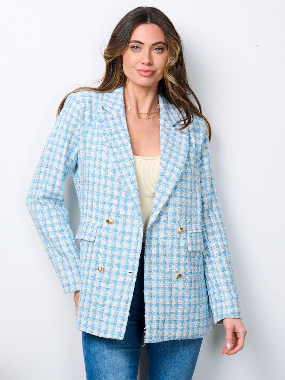 WOMEN'S LONG SLEEVE BUTTON CLOSURE POCKETS TWEED BLAZER