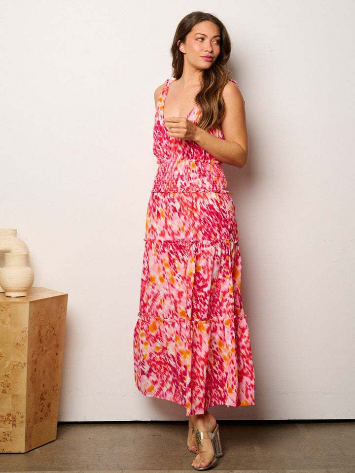 WOMEN'S SLEEVELESS V-NECK SMOCK WAIST TIERED MAXI DRESS