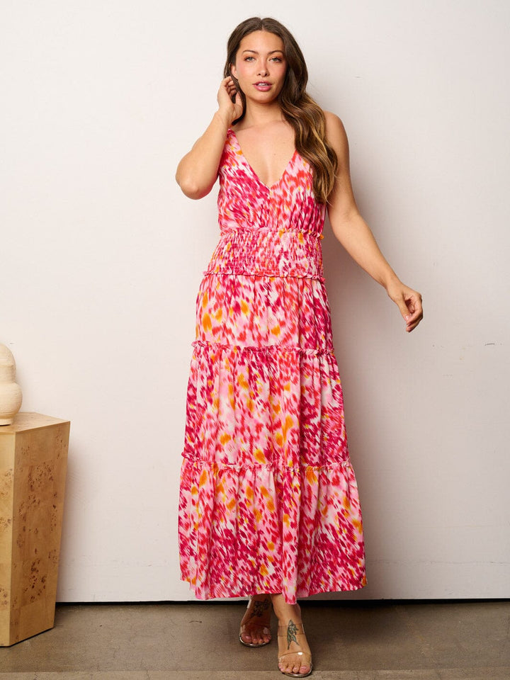 WOMEN'S SLEEVELESS V-NECK SMOCK WAIST TIERED MAXI DRESS