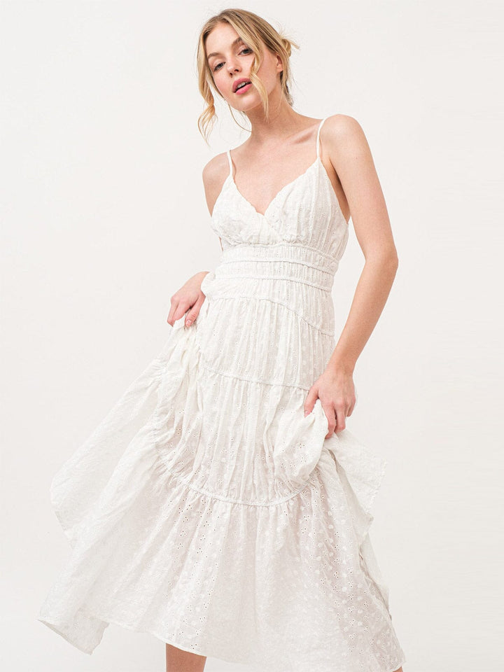 WOMEN'S SLEEVELESS V-NECK EYELET FLORAL TIERED MAXI DRESS