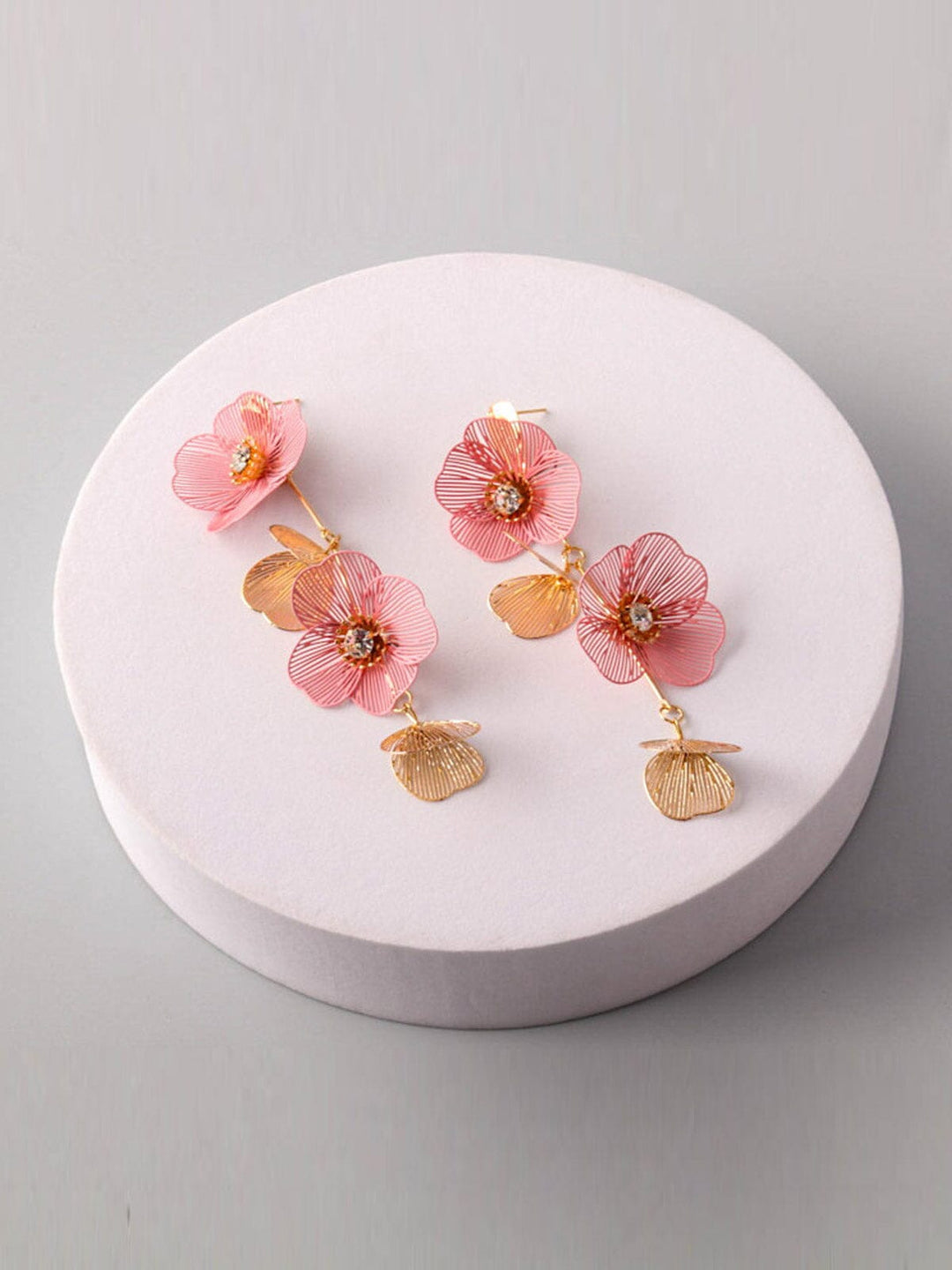 FASHION PINK FLOWERS STAINLESS STEEL DROP EARRINGS