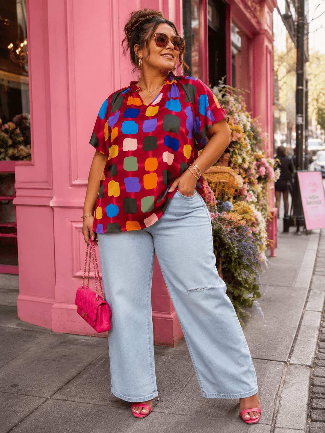 PLUS SIZE SHORT SLEEVE V-NECK MULTI PRINT BLOUSE