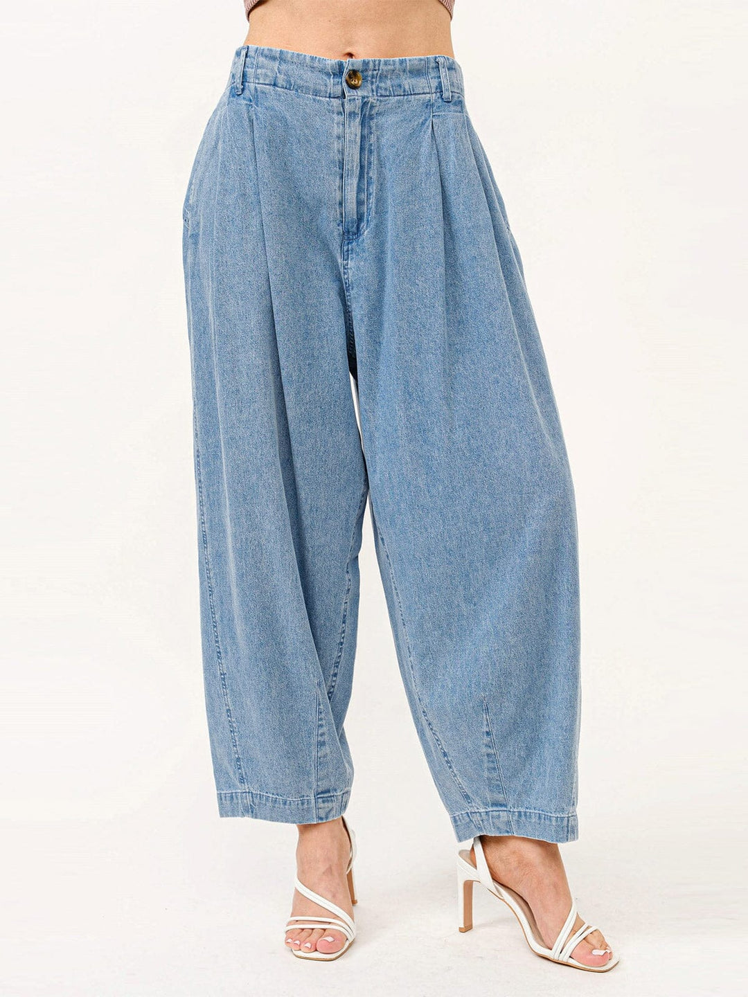 WOMEN'S BUTTON CLOSURE POCKETS WIDE LEG DENIM PANTS