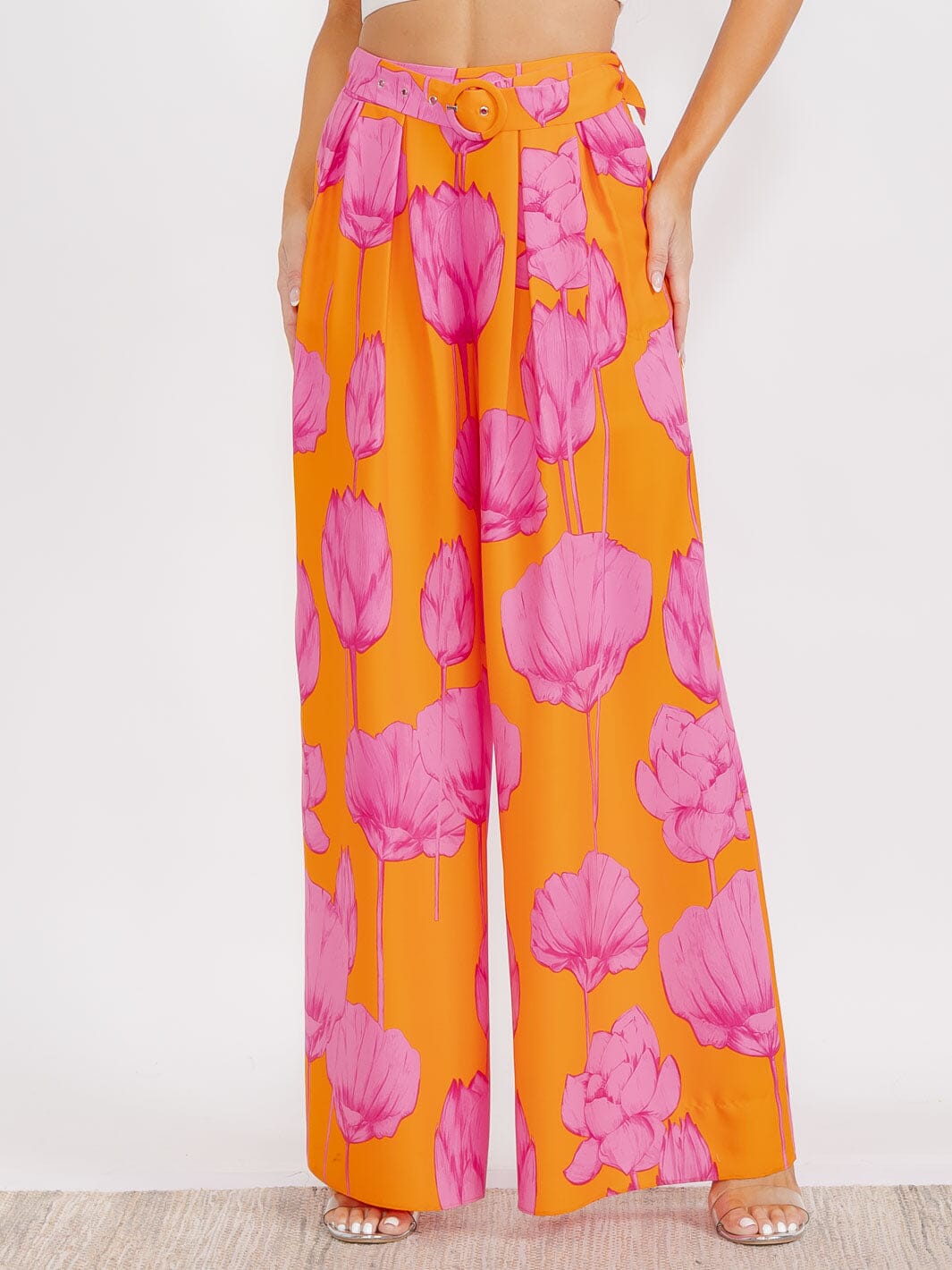 WOMEN'S ELASTIC WAIST FRONT POCKETS BELTED FLORAL BOHO PANTS