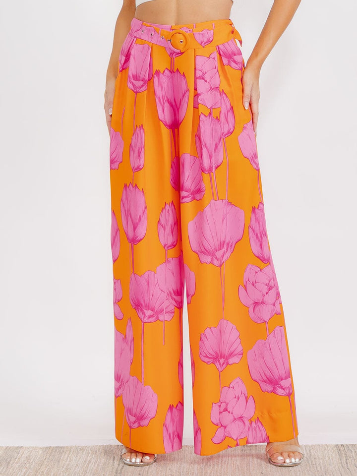 WOMEN'S ELASTIC WAIST FRONT POCKETS BELTED FLORAL BOHO PANTS