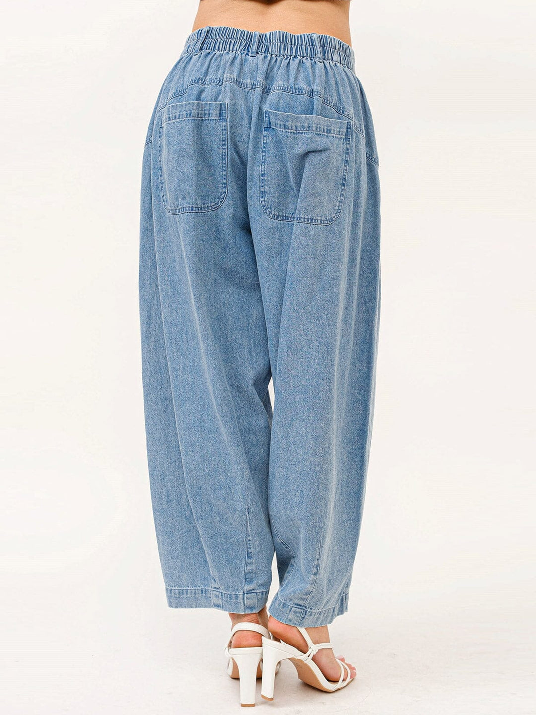 WOMEN'S BUTTON CLOSURE POCKETS WIDE LEG DENIM PANTS
