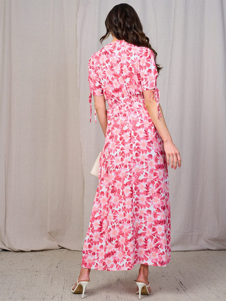 WOMEN'S SHORT SLEEVES BUTTON UP SMOCK WAIST FLORAL MAXI DRESS