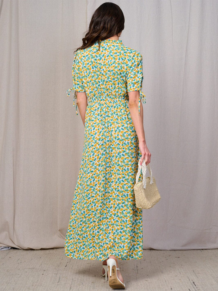 WOMEN'S SHORT SLEEVES BUTTON UP SMOCK WAIST FLORAL MAXI DRESS