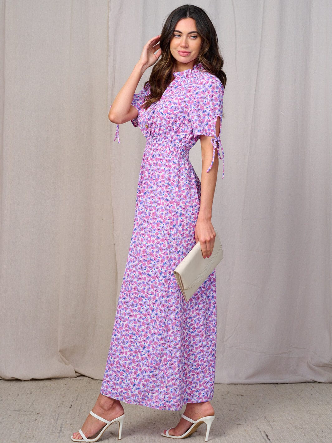 WOMEN'S SHORT SLEEVES BUTTON UP SMOCK WAIST FLORAL MAXI DRESS