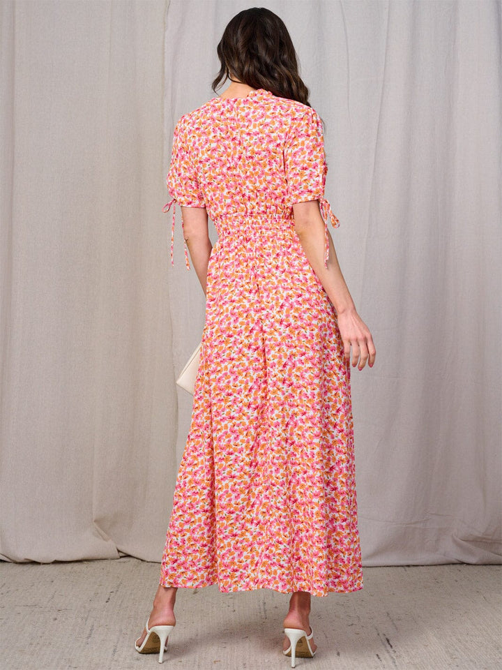 WOMEN'S SHORT SLEEVES BUTTON UP SMOCK WAIST FLORAL MAXI DRESS