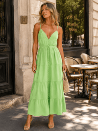 BEULAH WOMEN'S SLEEVELESS V-NECK BUTTON UP TIERED MAXI DRESS