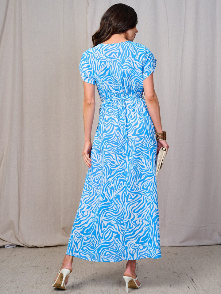 WOMEN'S SHORT SLEEVES BUTTON UP ELASTIC WAIST ZEBRA PRINT MAXI DRESS