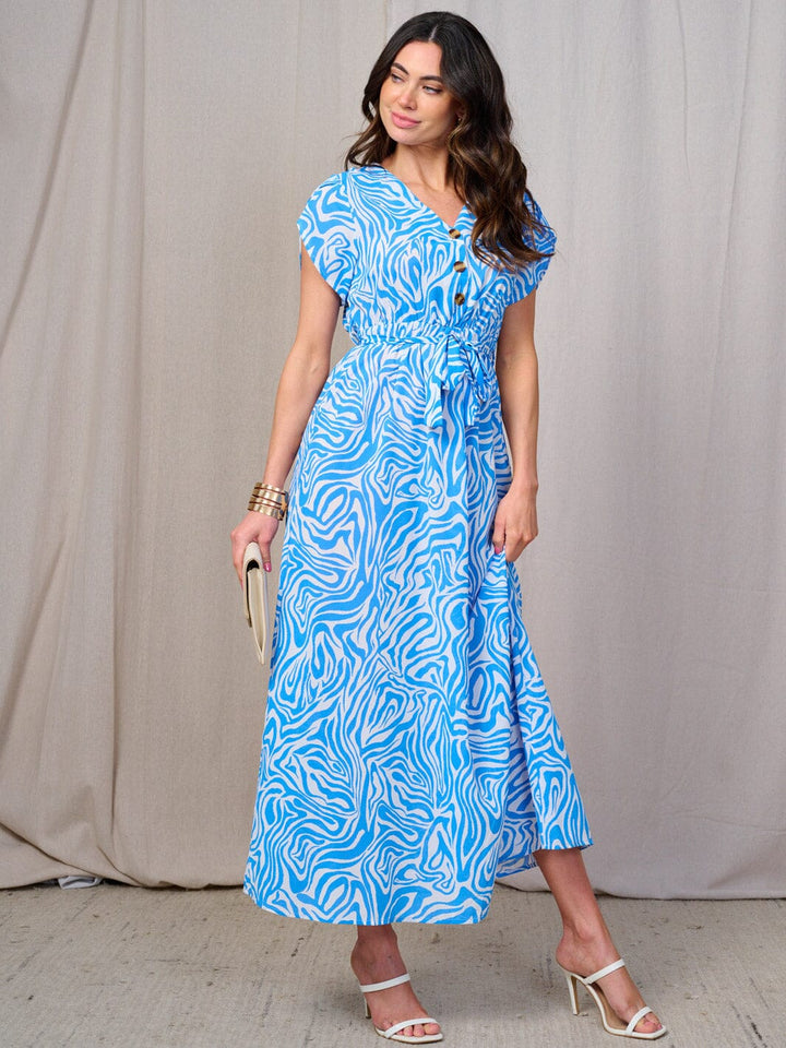 WOMEN'S SHORT SLEEVES BUTTON UP ELASTIC WAIST ZEBRA PRINT MAXI DRESS