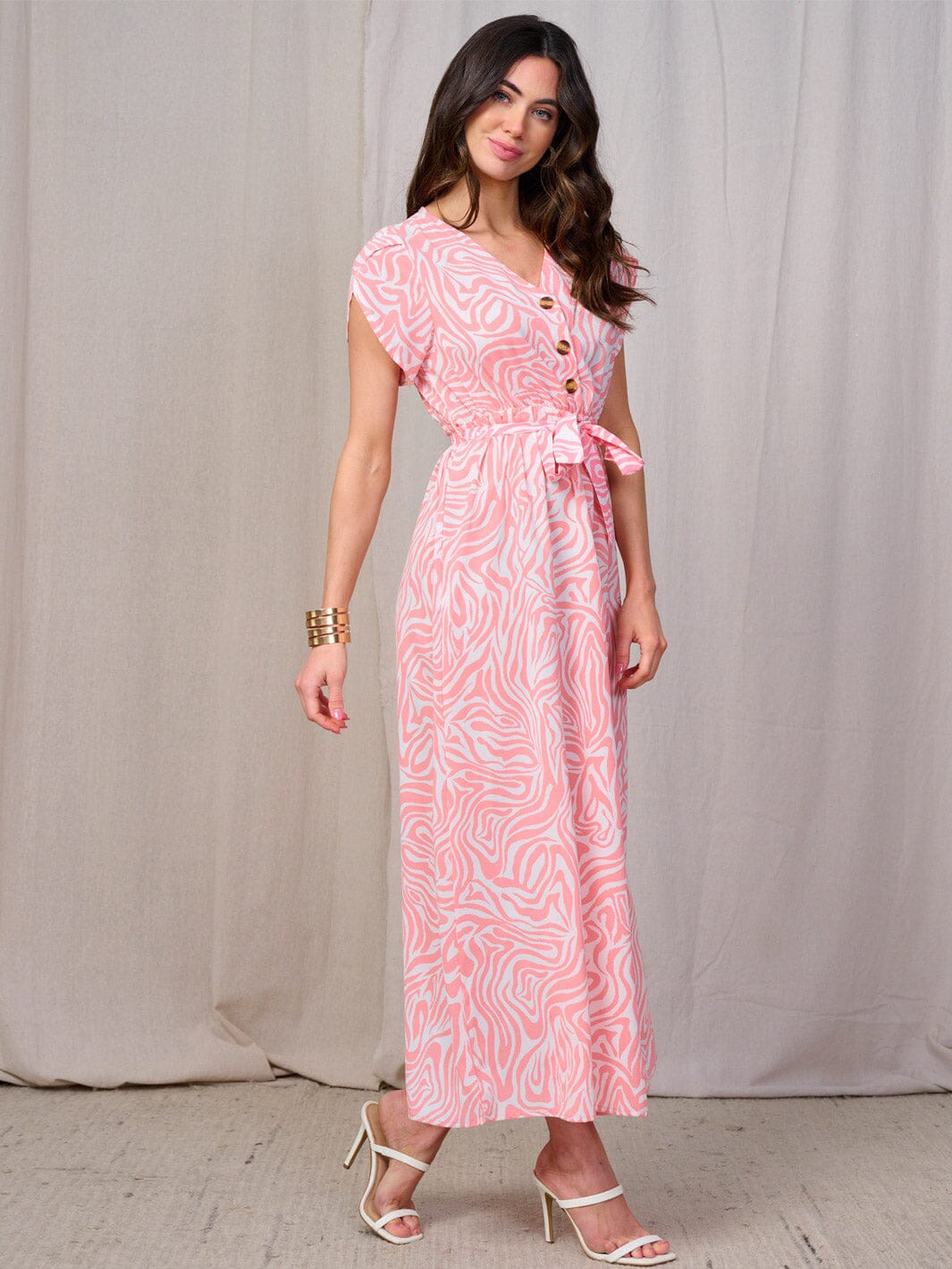 WOMEN'S SHORT SLEEVES BUTTON UP ELASTIC WAIST ZEBRA PRINT MAXI DRESS