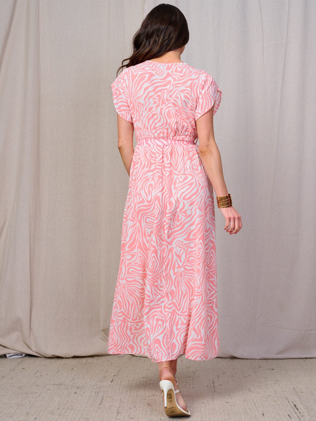 WOMEN'S SHORT SLEEVES BUTTON UP ELASTIC WAIST ZEBRA PRINT MAXI DRESS