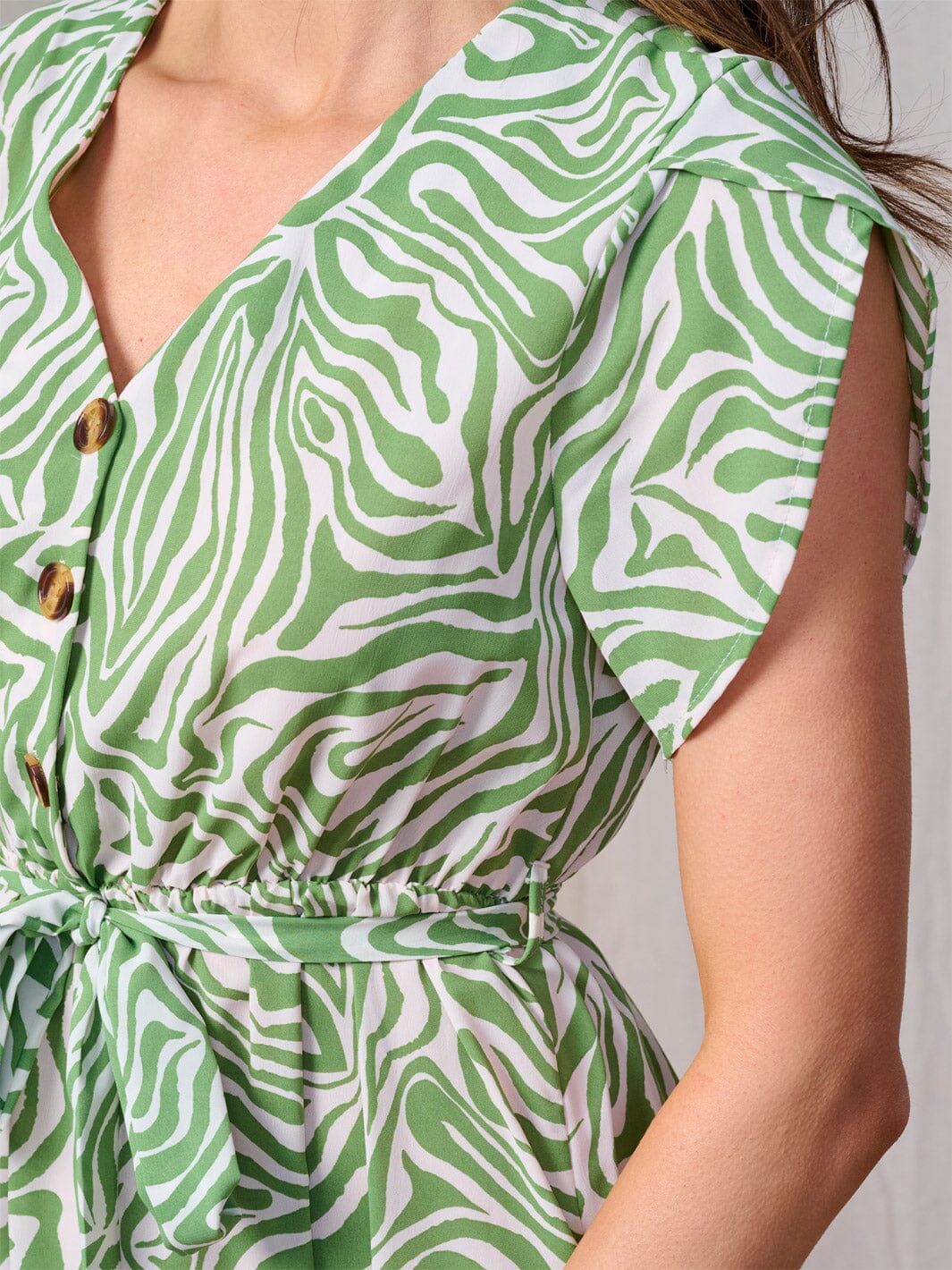 WOMEN'S SHORT SLEEVES BUTTON UP ELASTIC WAIST ZEBRA PRINT MAXI DRESS