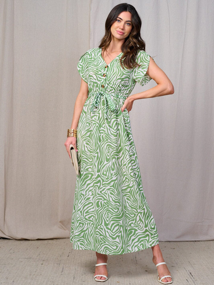 WOMEN'S SHORT SLEEVES BUTTON UP ELASTIC WAIST ZEBRA PRINT MAXI DRESS