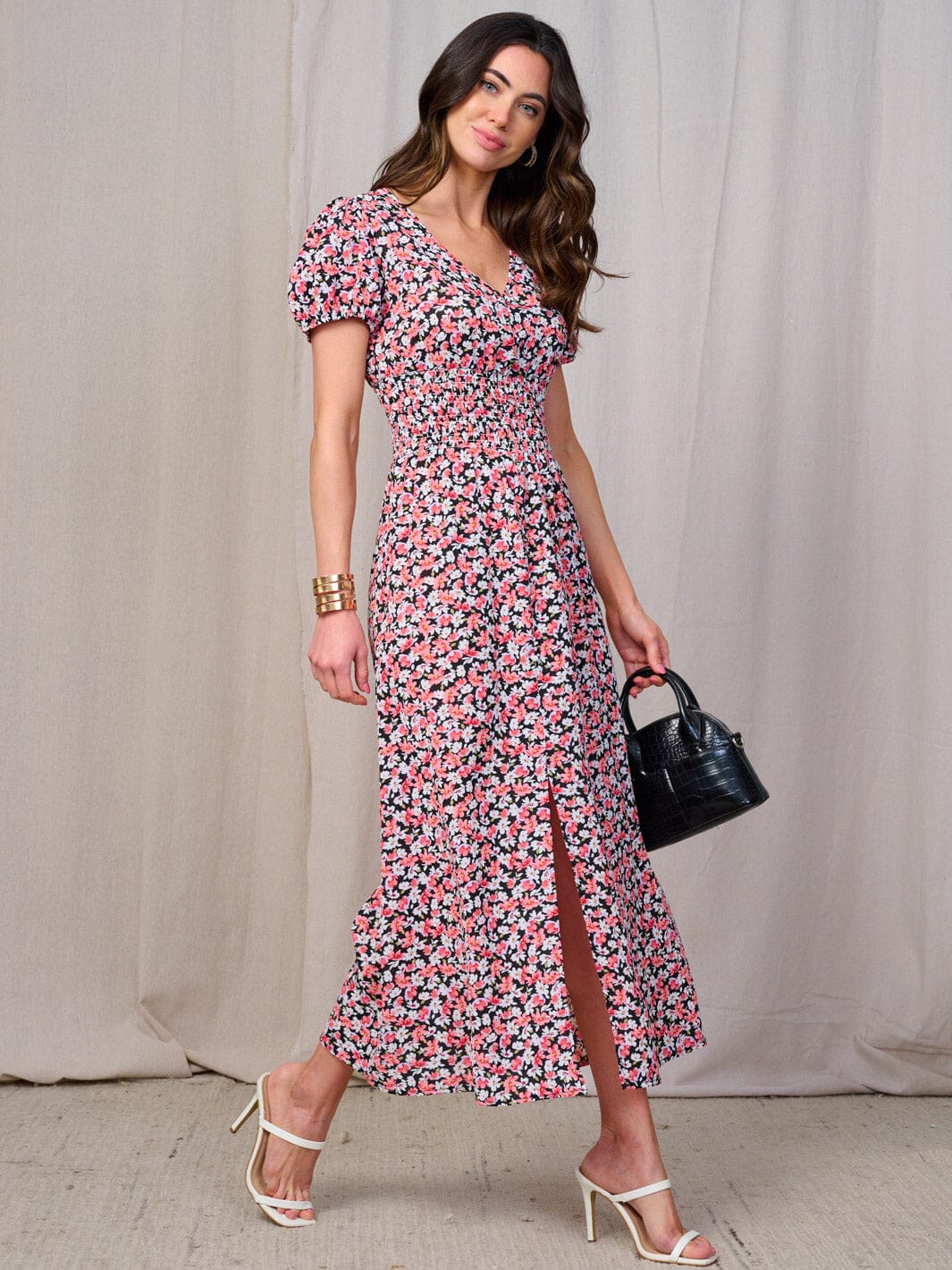 WOMEN'S SHORT SLEEVES BUTTON DETAILED SMOCK WAIST FLORAL MAXI DRESS