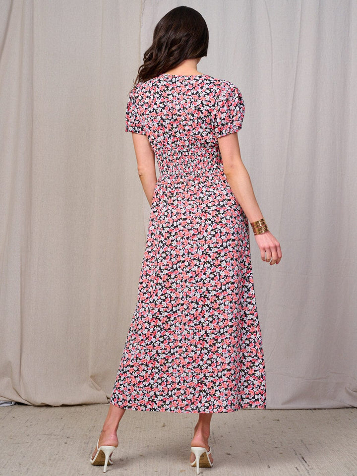 WOMEN'S SHORT SLEEVES BUTTON DETAILED SMOCK WAIST FLORAL MAXI DRESS