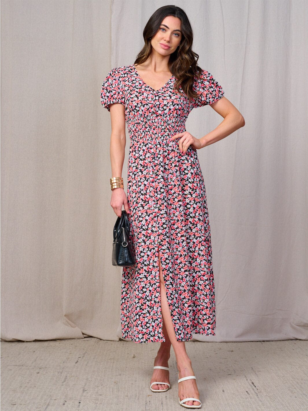 WOMEN'S SHORT SLEEVES BUTTON DETAILED SMOCK WAIST FLORAL MAXI DRESS