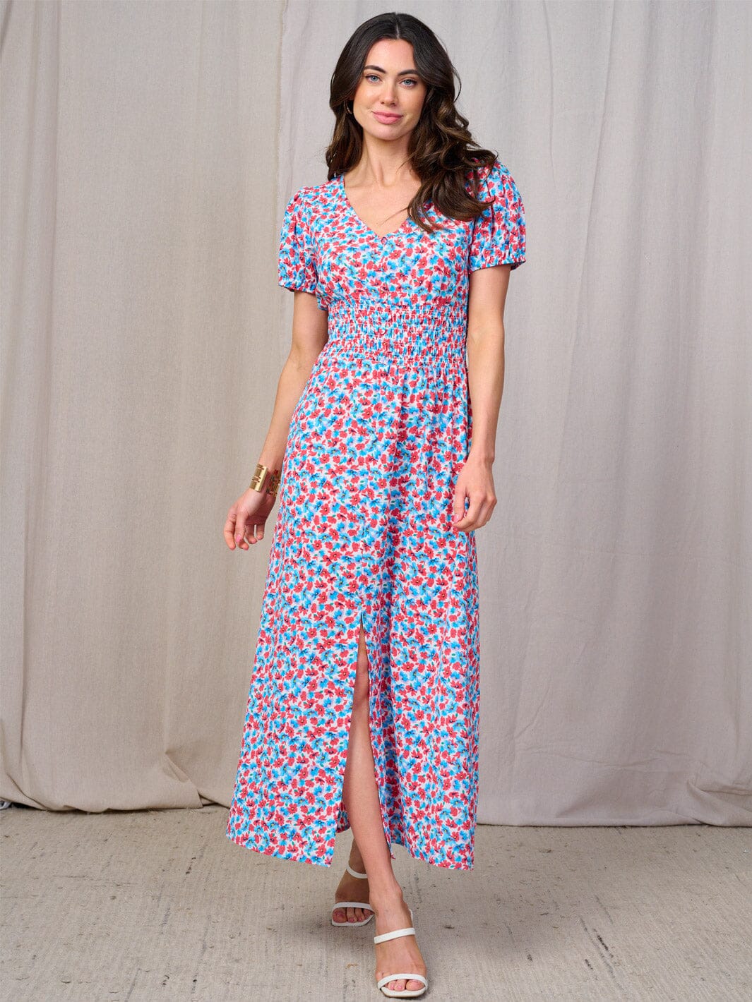 WOMEN'S SHORT SLEEVES BUTTON DETAILED SMOCK WAIST FLORAL MAXI DRESS