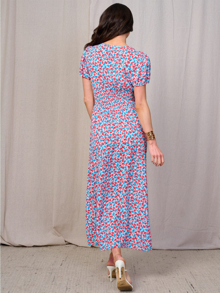 WOMEN'S SHORT SLEEVES BUTTON DETAILED SMOCK WAIST FLORAL MAXI DRESS