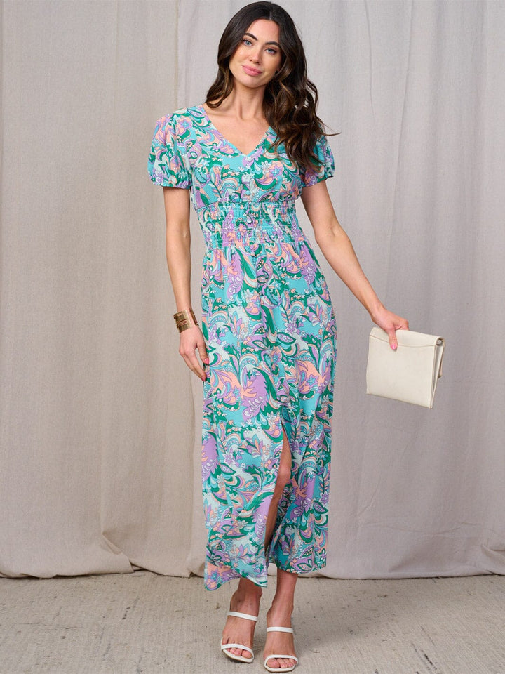 WOMEN'S SHORT SLEEVES BUTTON DETAILED SMOCK WAIST FLORAL MAXI DRESS