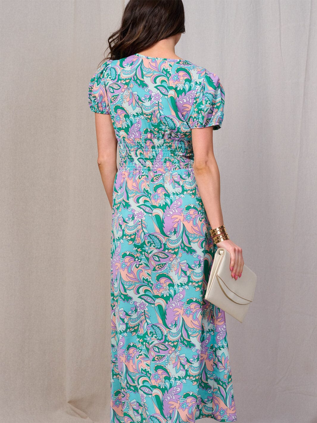 WOMEN'S SHORT SLEEVES BUTTON DETAILED SMOCK WAIST FLORAL MAXI DRESS