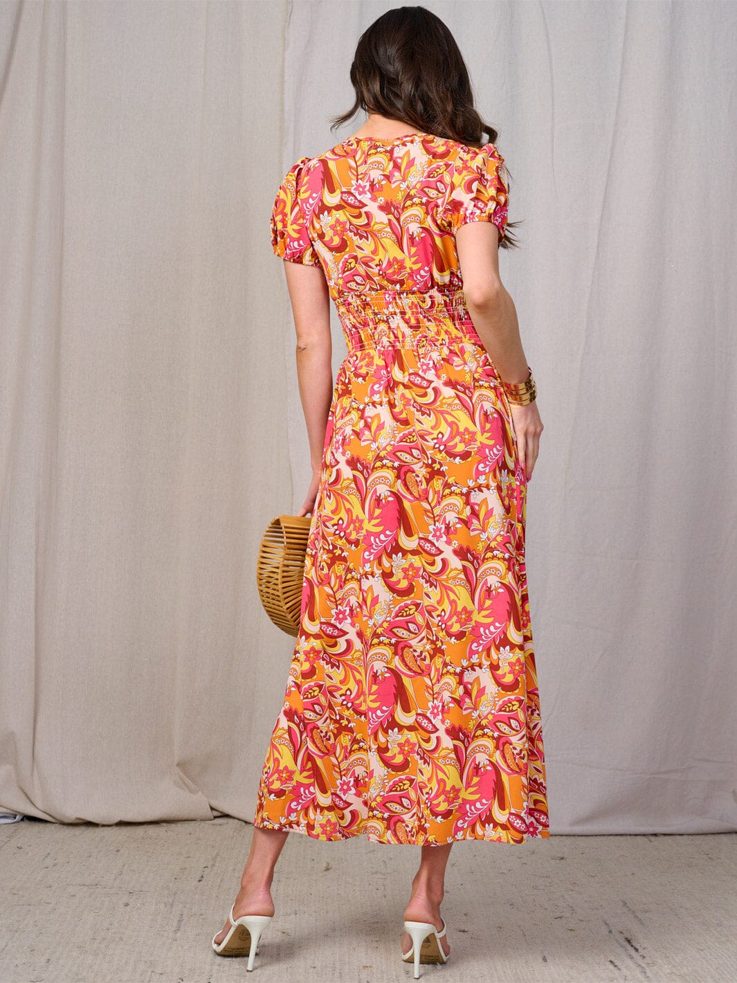 WOMEN'S SHORT SLEEVES BUTTON DETAILED SMOCK WAIST FLORAL MAXI DRESS