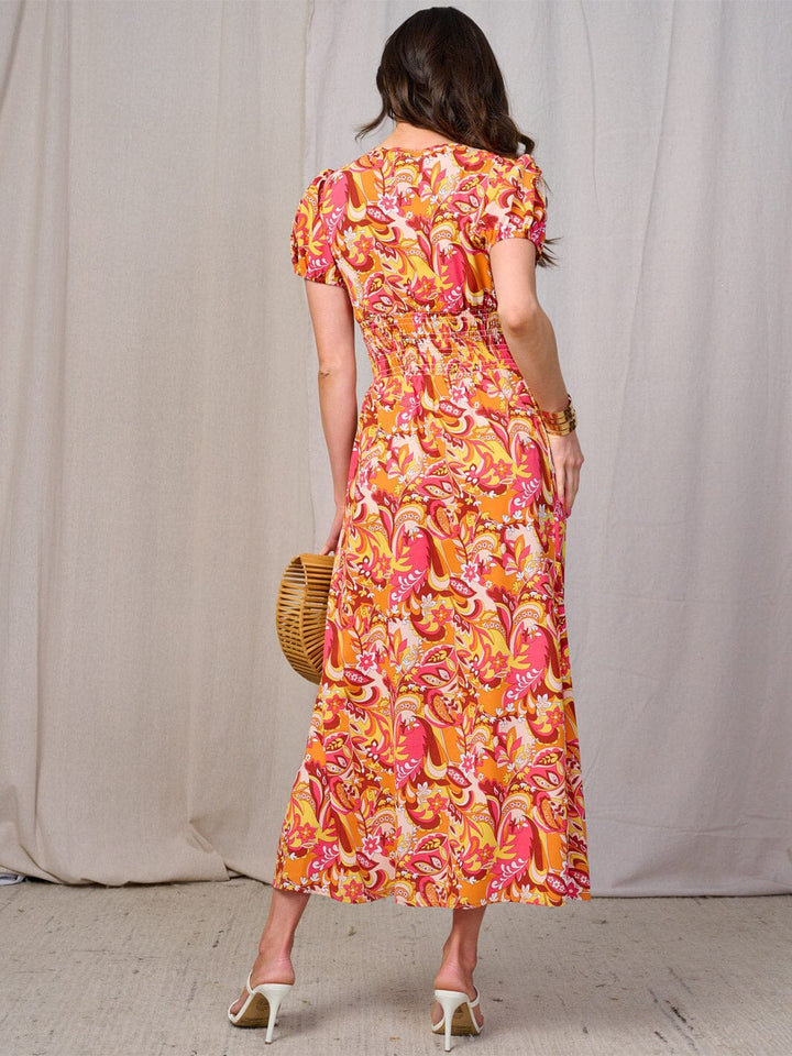 WOMEN'S SHORT SLEEVES BUTTON DETAILED SMOCK WAIST FLORAL MAXI DRESS