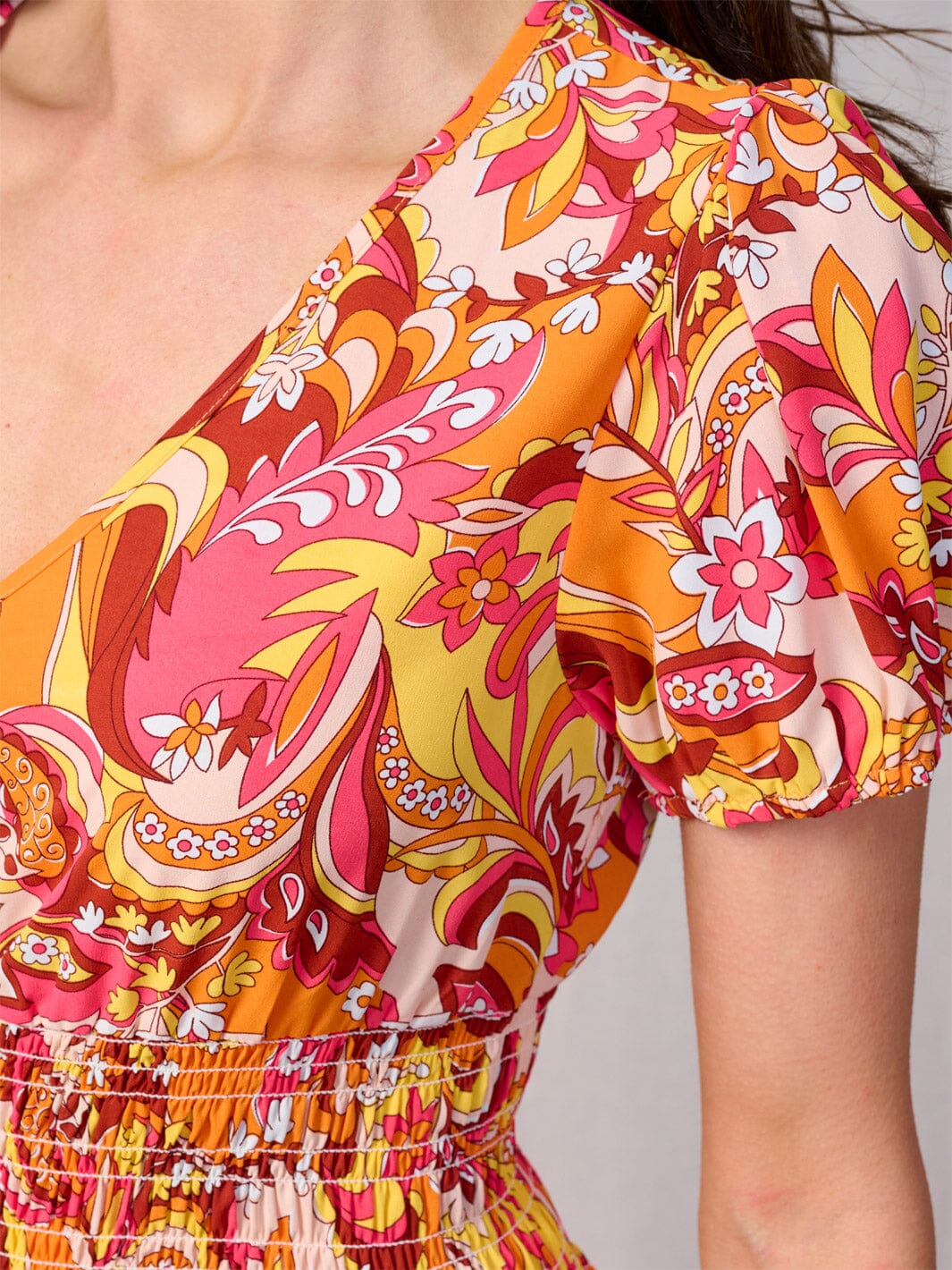 WOMEN'S SHORT SLEEVES BUTTON DETAILED SMOCK WAIST FLORAL MAXI DRESS