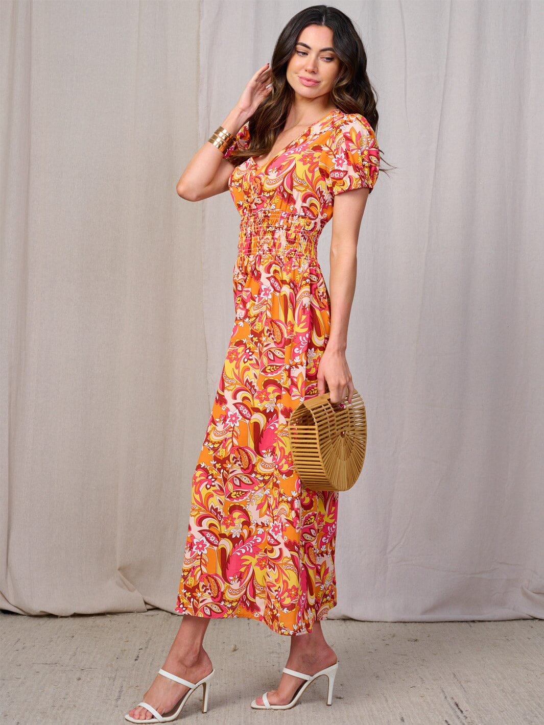 WOMEN'S SHORT SLEEVES BUTTON DETAILED SMOCK WAIST FLORAL MAXI DRESS