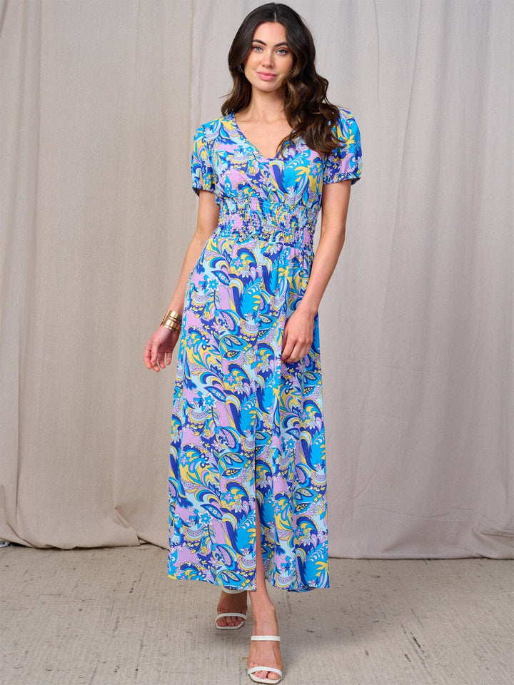 WOMEN'S SHORT SLEEVES BUTTON DETAILED SMOCK WAIST FLORAL MAXI DRESS