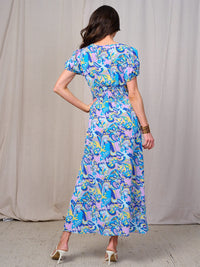 WOMEN'S SHORT SLEEVES BUTTON DETAILED SMOCK WAIST FLORAL MAXI DRESS